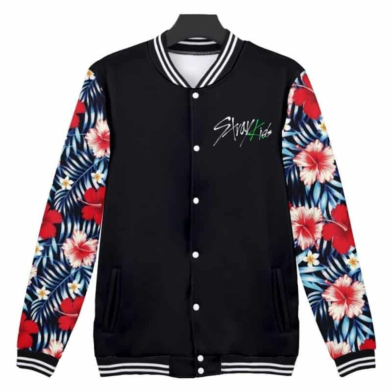 Colorful floral printed K-pop merch jacket with "Stray Kids" logo, black base with striped cuffs and collar.