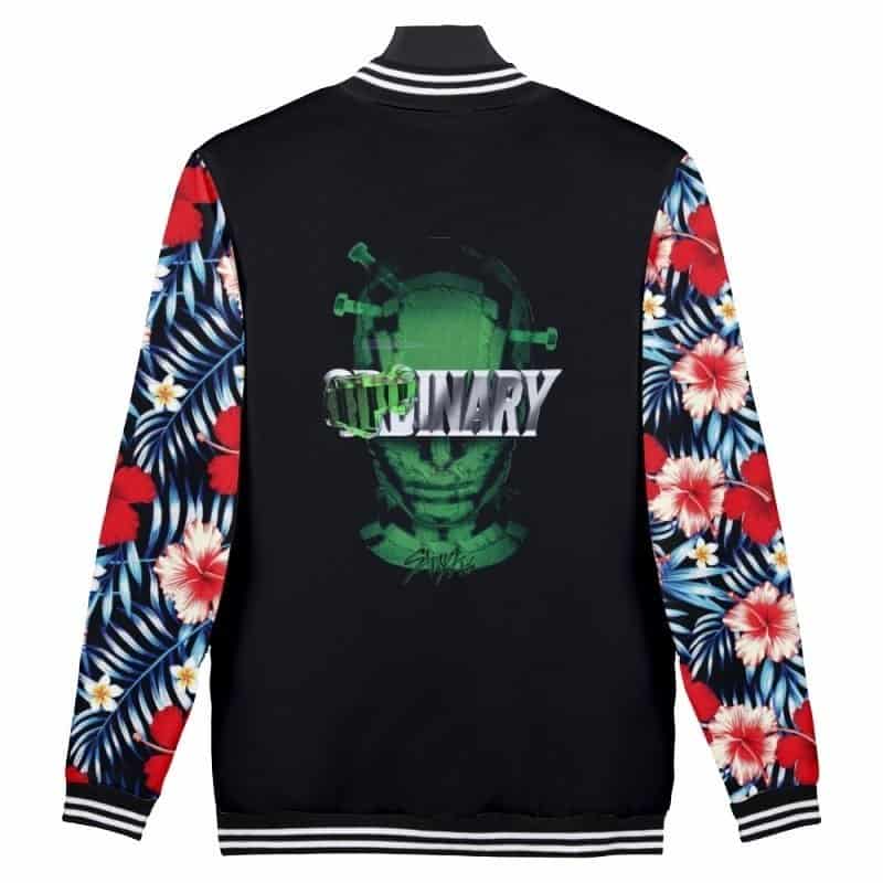 Viral hoodie with colorful floral sleeves and a green graphic design on the back, perfect for K-pop fans and merch collectors.