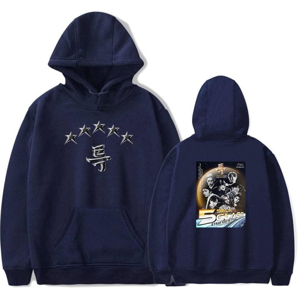 Kpop merch hoodie with group photo and star design, perfect for fans of Stray Kids and K-pop.