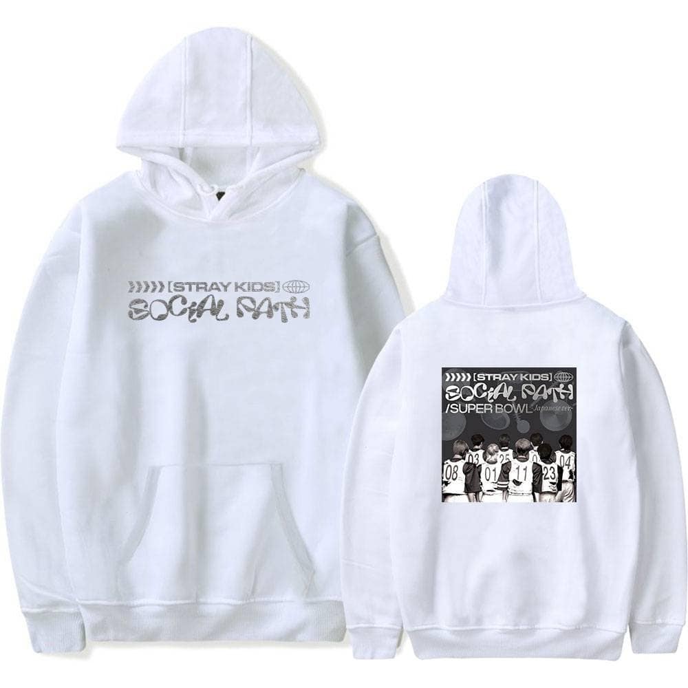 Stray Kids social party hoodie, white sweatshirt with graphic print, K-pop merchandise.